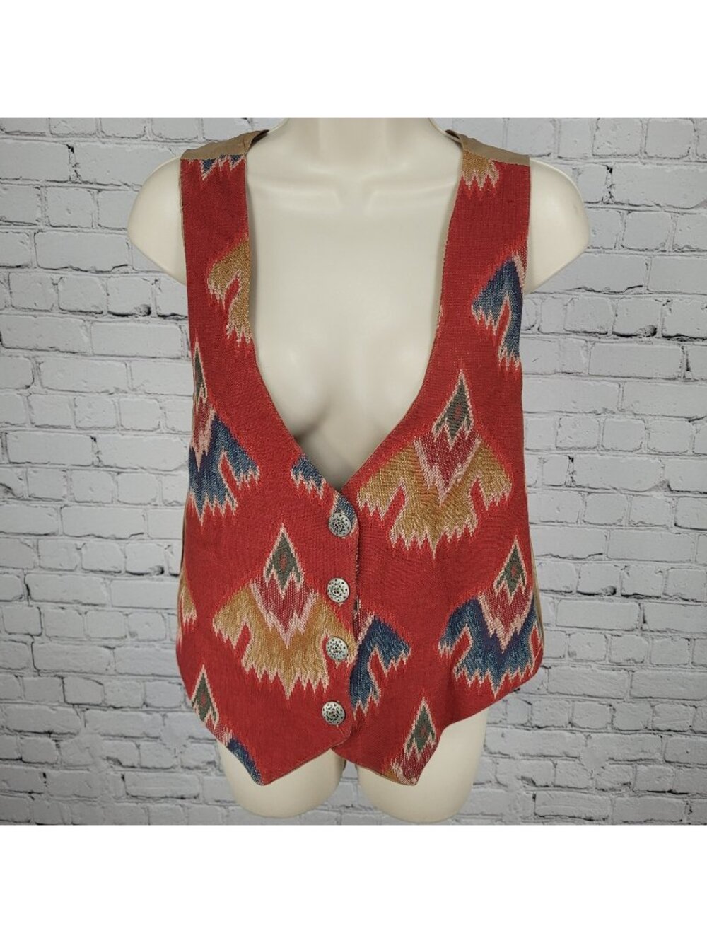 VTG Saddle River Sportswear Red Aztec Print Lined Vest USA Made Size Large L